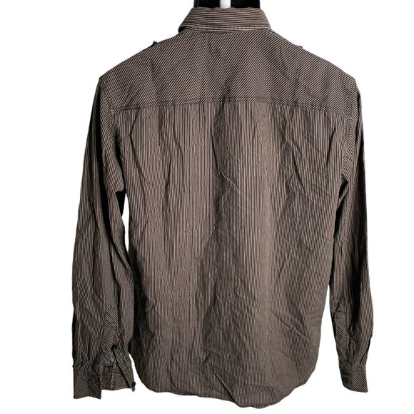 Eighty Eight Button Up Long Sleeve Shirt L Black Tan Striped Pockets Collar Zip - Picture 4 of 6